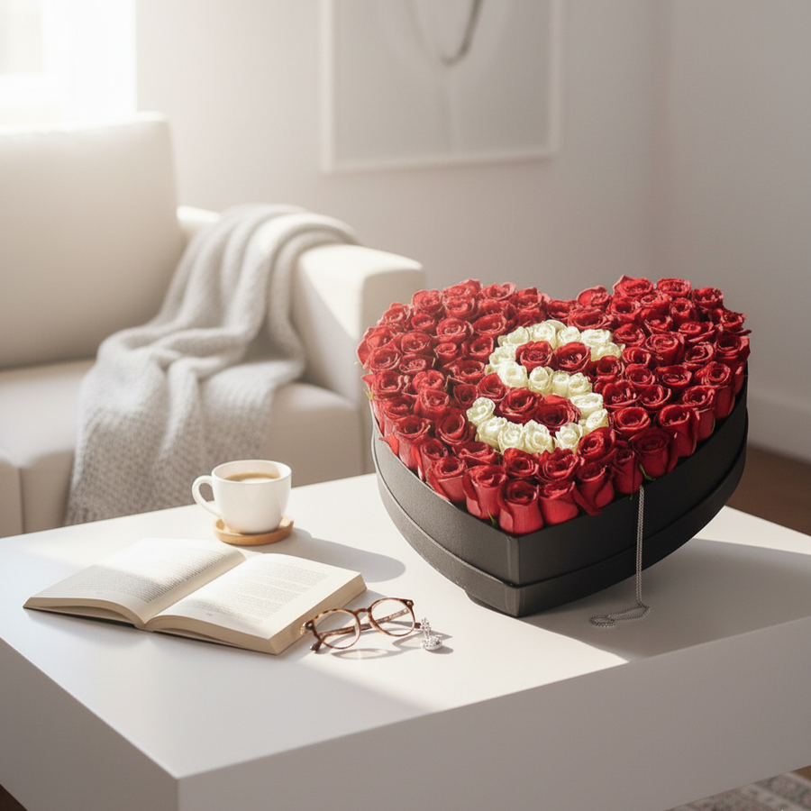 letter heart box arrangement with red and white premium roses