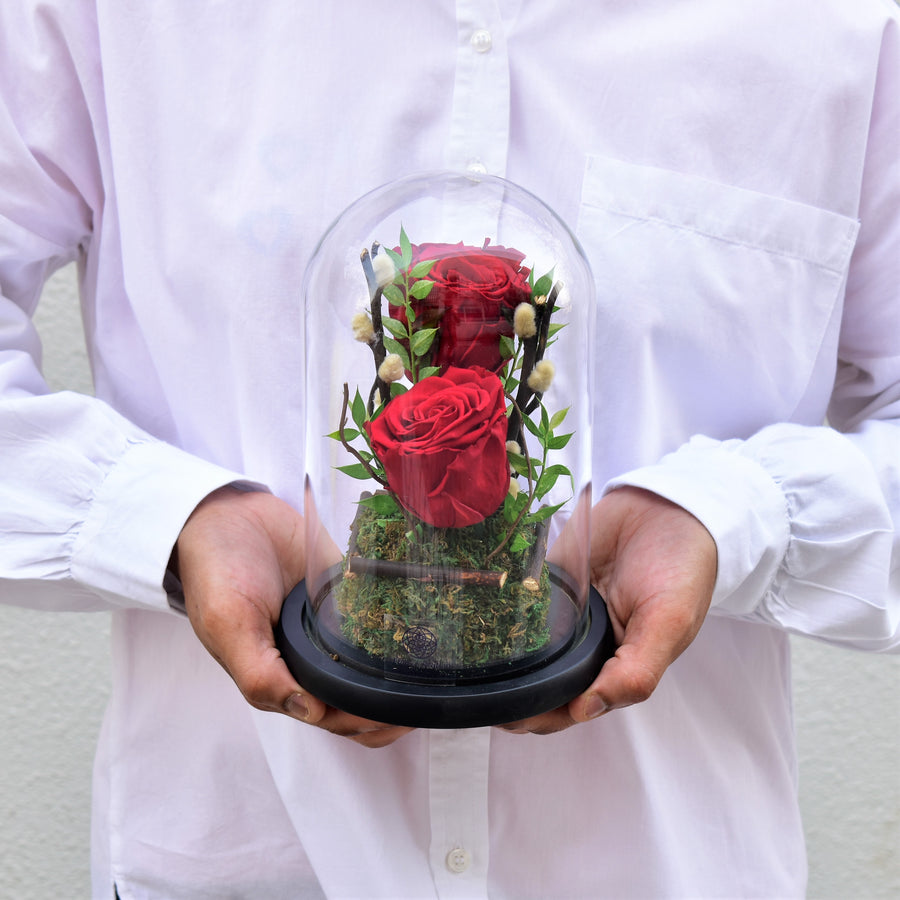 Duo red forever roses designed in a glass dome