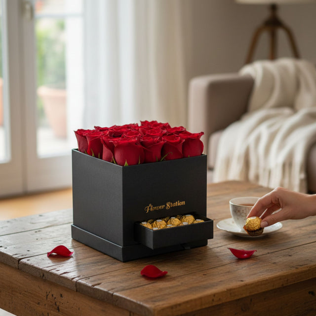 Red Romance Valentine's flower box with fresh red roses and Ferrero Rocher chocolates 