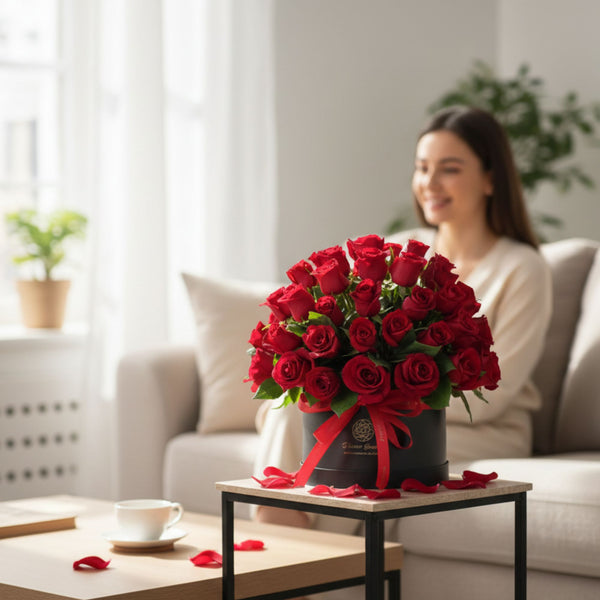 51  premium red roses in black hat box - valentine special