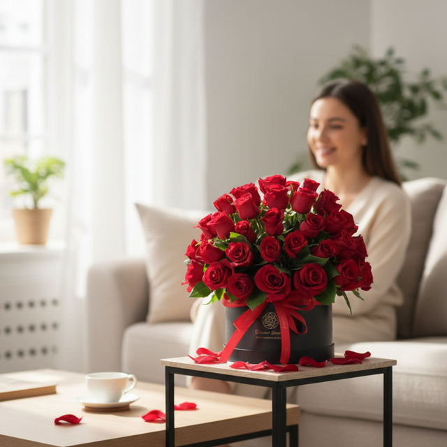 51  premium red roses in black hat box - valentine special