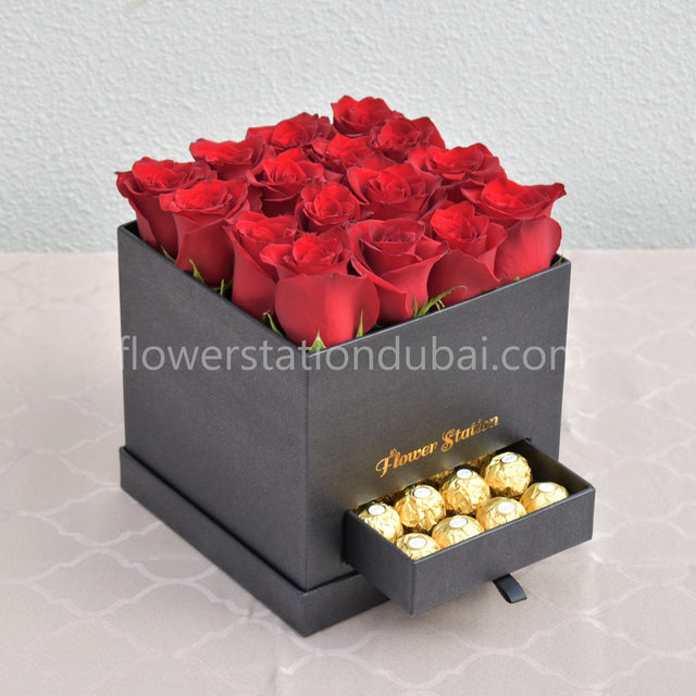 Close up of fresh red roses in Red Romance Valentine's flower box