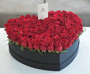 premium red roses in heart box - black - valentine's special